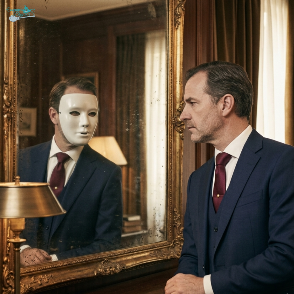 Ejecutivo de negocios mirándose en un espejo antiguo; su reflejo lleva una máscara blanca de teatro, simbolizando la desconexión emocional y la falta de autenticidad en el liderazgo corporativo.