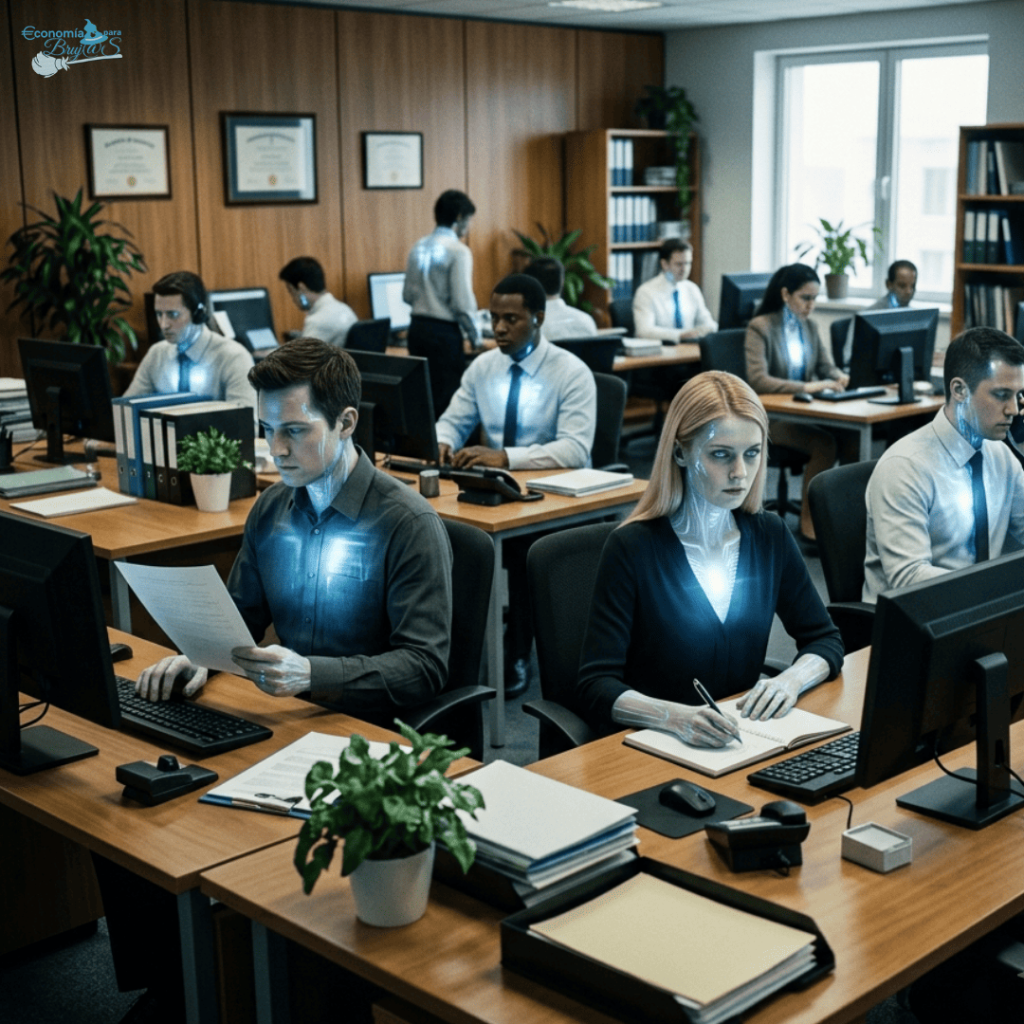Profesionales trabajando en una oficina con circuitos de luz integrados en sus cuerpos, representando la deshumanización y el impacto del burnout.