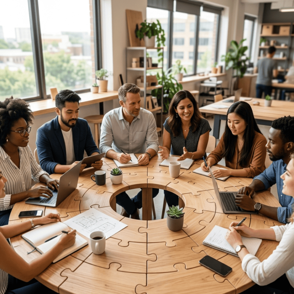 Un equipo diverso de ocho profesionales trabaja unido alrededor de una mesa redonda de madera con forma de rompecabezas en una oficina moderna, simbolizando la colaboración y el liderazgo horizontal.