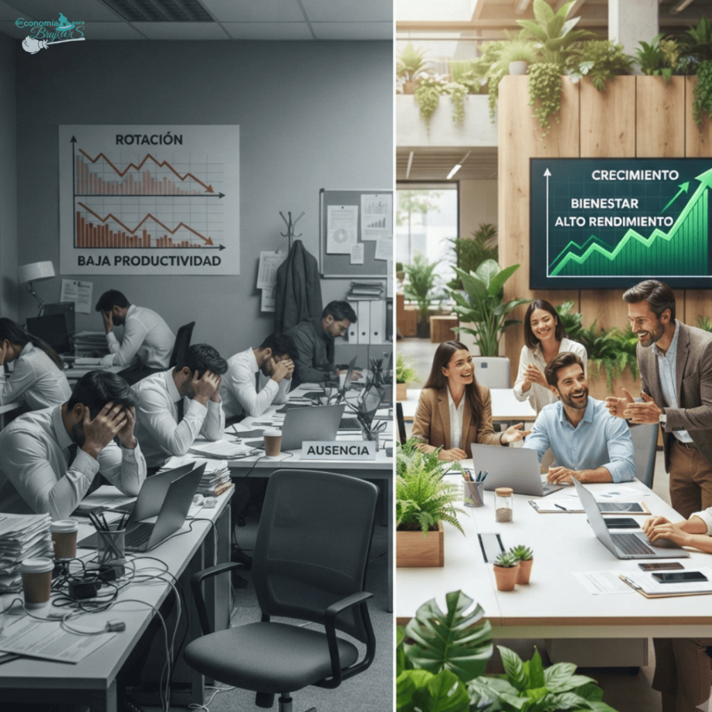 Comparativa visual de una oficina estresada con baja productividad frente a una oficina saludable, enfocada y rentable.