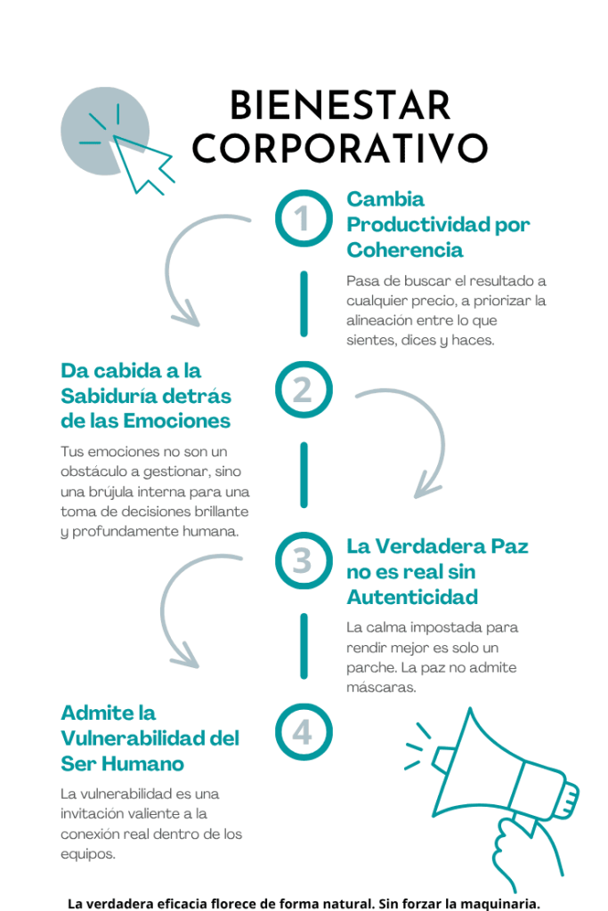 Infografía sobre el bienestar corporativo que propone cambiar la productividad impuesta por la coherencia, la gestión emocional por la sabiduría, la calma falsa por la autenticidad y el control por la vulnerabilidad humana.