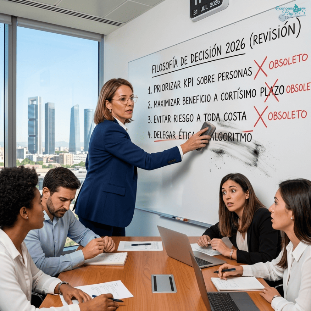 Directiva explicando a su equipo la nueva filosofía de decisión 2026 en una pizarra, eliminando viejos paradigmas como priorizar KPIs sobre personas, simbolizando el cambio a un liderazgo coherente.
