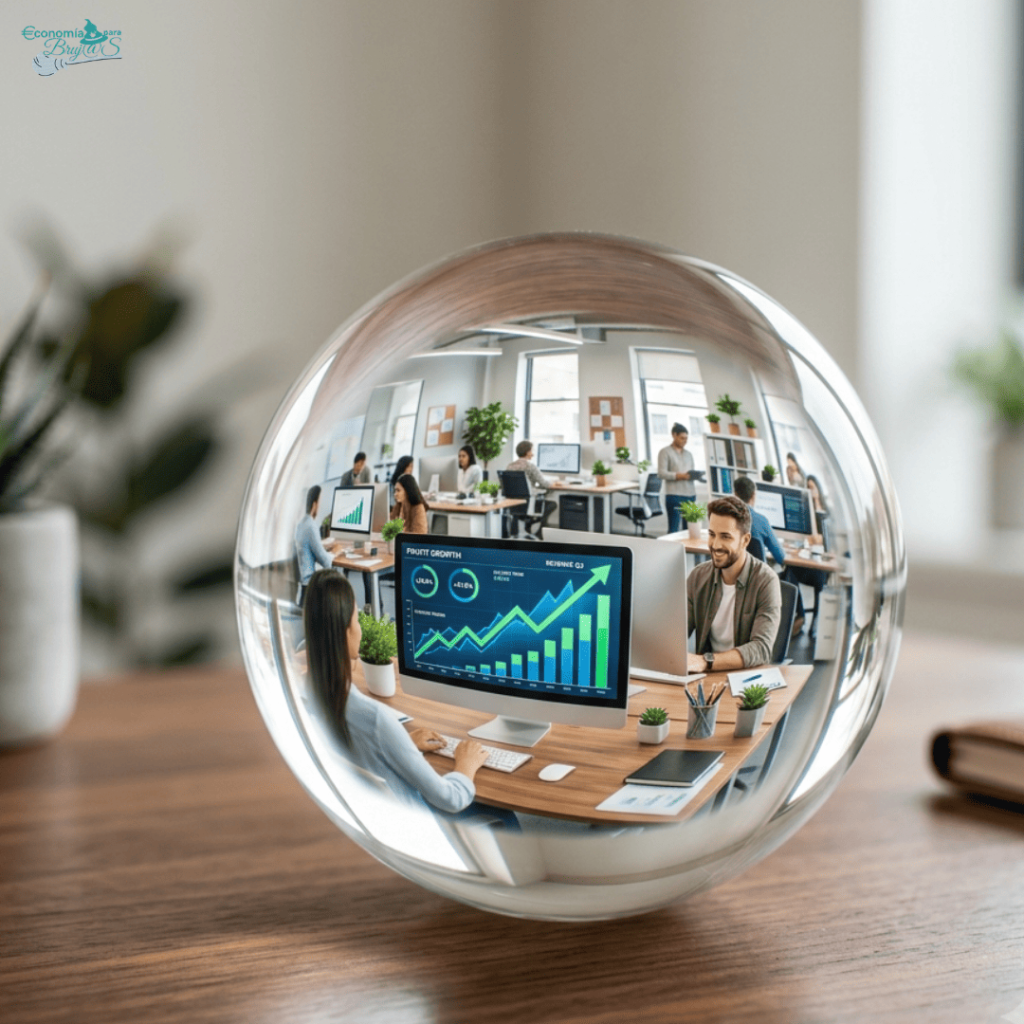 Esfera de cristal sobre una mesa de oficina que refleja un equipo trabajando con enfoque y bienestar, representando el éxito con sentido y la claridad mental.