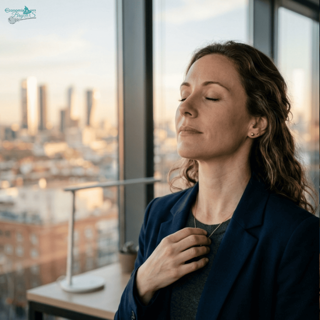 Primer plano de una líder consciente respirando hondo con los ojos cerrados ante el skyline de Madrid al amanecer, transmitiendo calma y autorregulación emocional según la neurociencia.