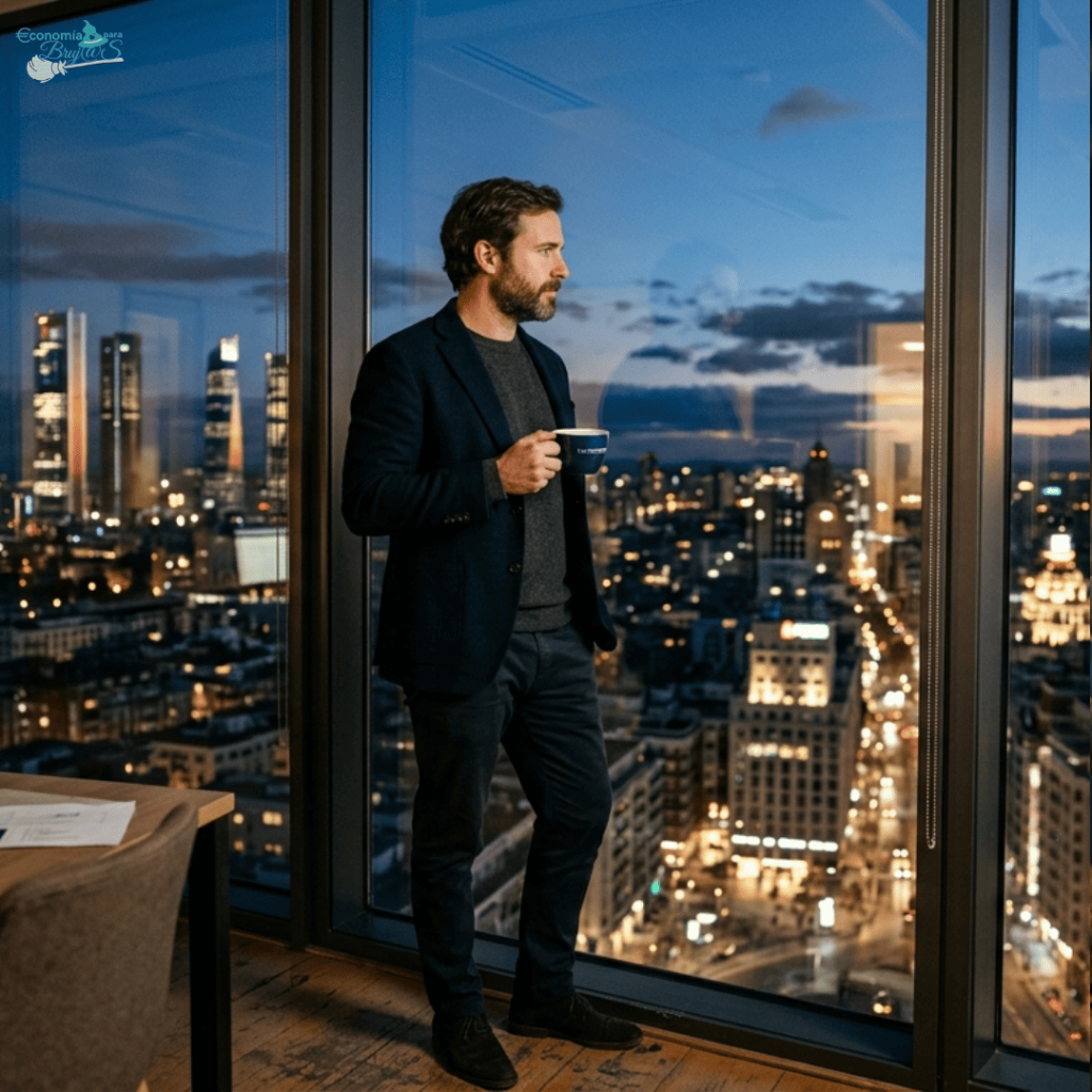 Un líder de equipo consciente reflexiona mientras mira el skyline de Madrid de noche, sosteniendo una taza de café, simbolizando la vulnerabilidad del liderazgo horizontal.
