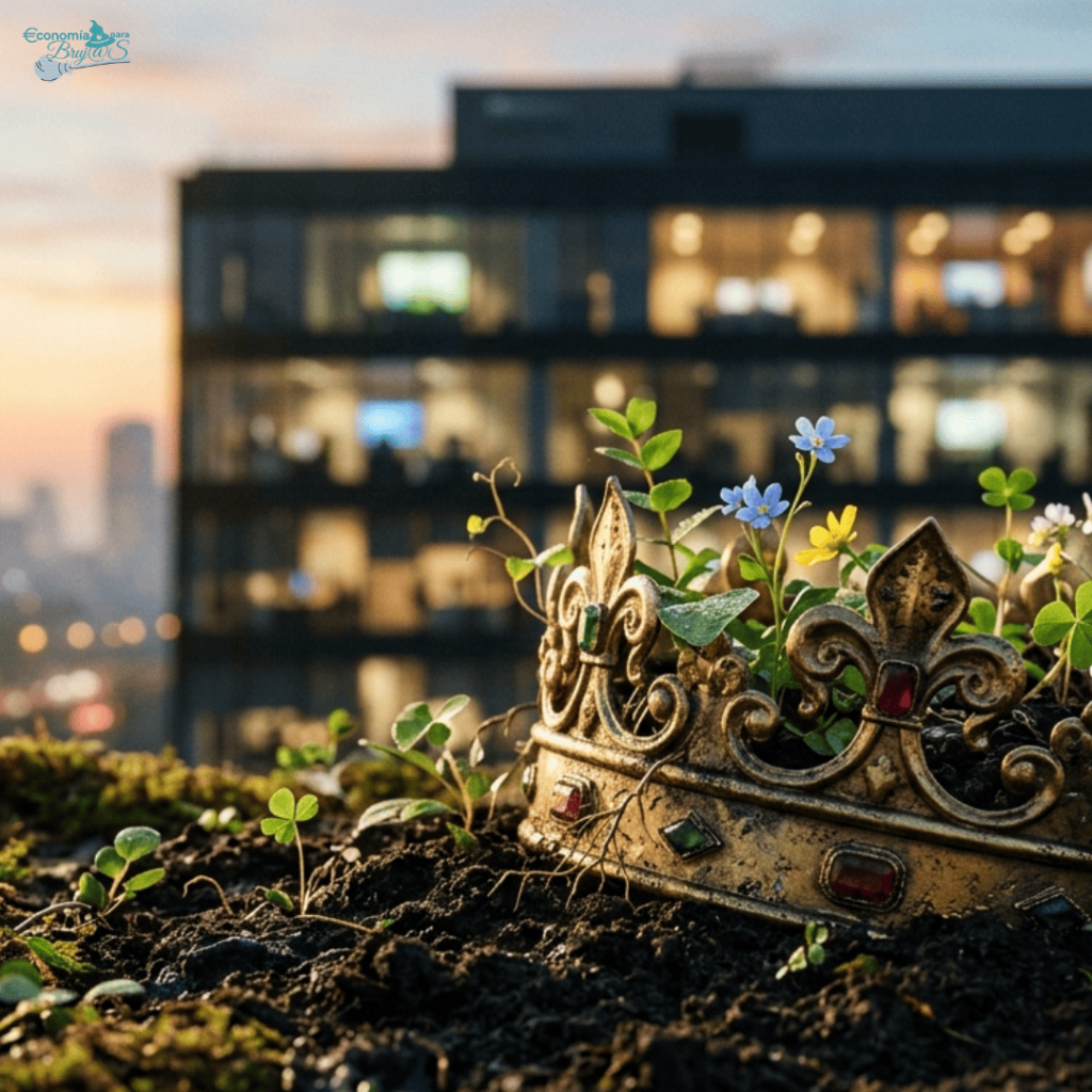 Corona de metal con plantas y flores creciendo, simbolizando el bienestar y el liderazgo orgánico en una empresa moderna.