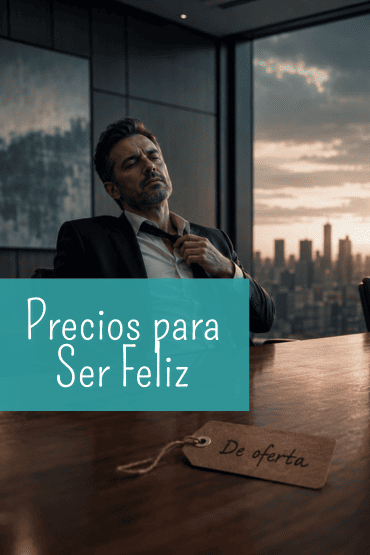 Ejecutivo de mediana edad fatigado en oficina mirando una etiqueta con la palabra de oferta, representando el agotamiento emocional y el precio del éxito vacío.