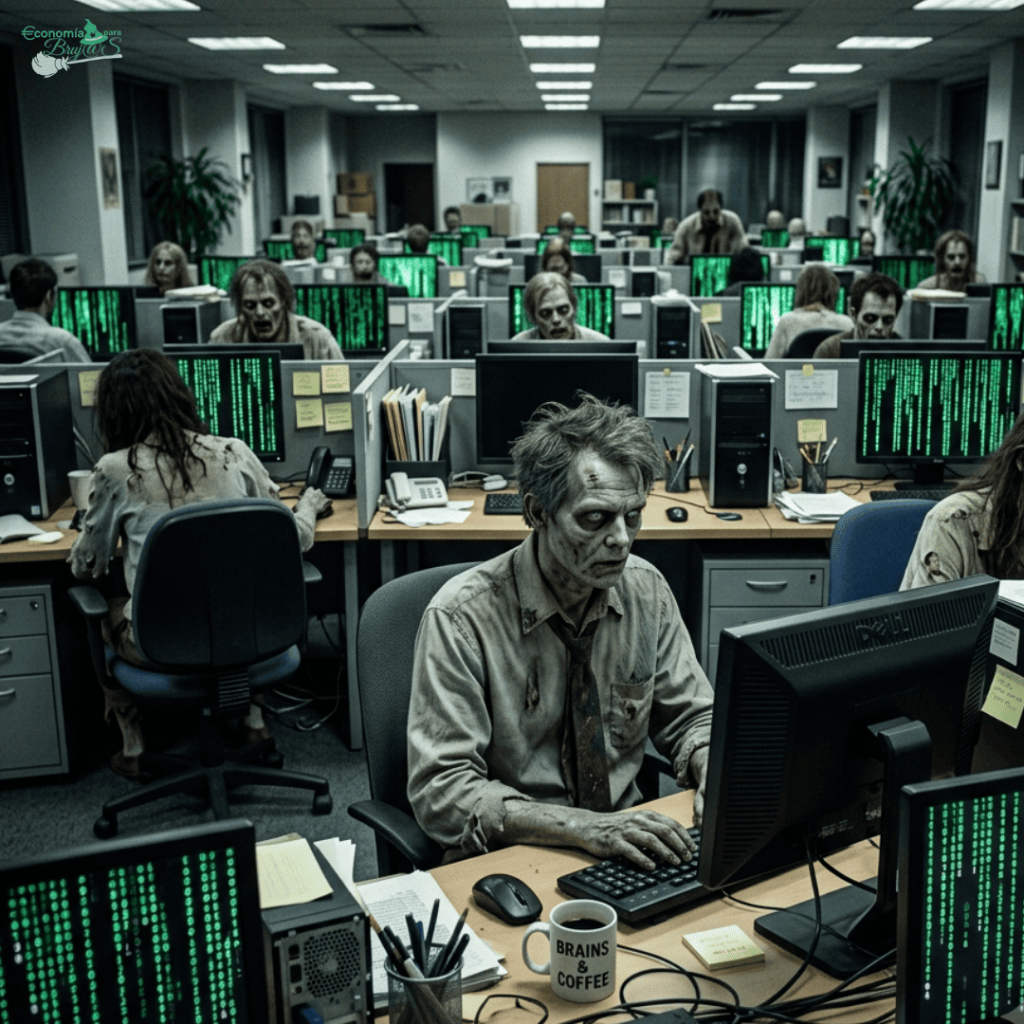 Oficina moderna con empleados que parecen zombis trabajando en computadoras, simbolizando el impacto negativo del presentismo y la falta de salud mental en el rendimiento laboral.