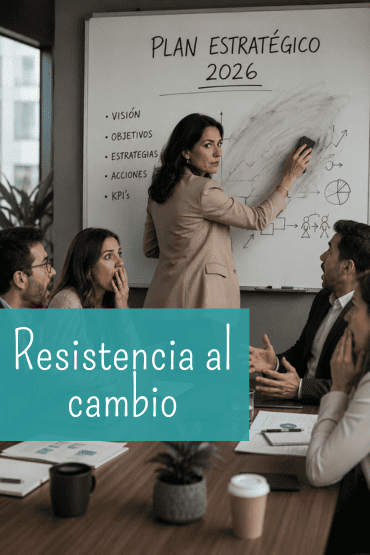 Empleados de una empresa mirando con miedo a su directiva, que borra un plan estratégico, simbolizando la resistencia al cambio.