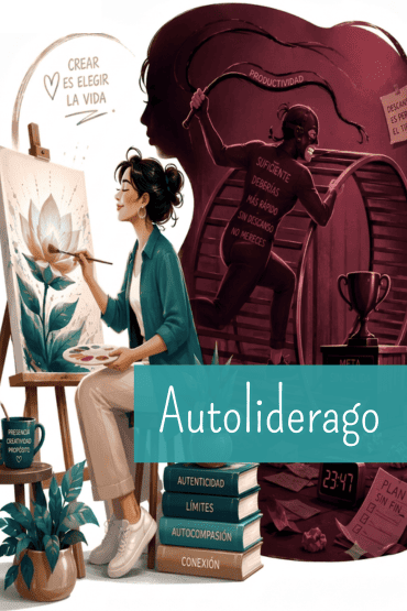 Ilustración sobre la productividad pervertida frente a la creación consciente: a la izquierda, una mujer pinta en paz apoyada en valores como autenticidad y límites; a la derecha, una sombra corre en una rueda de hámster empujada por la exigencia.