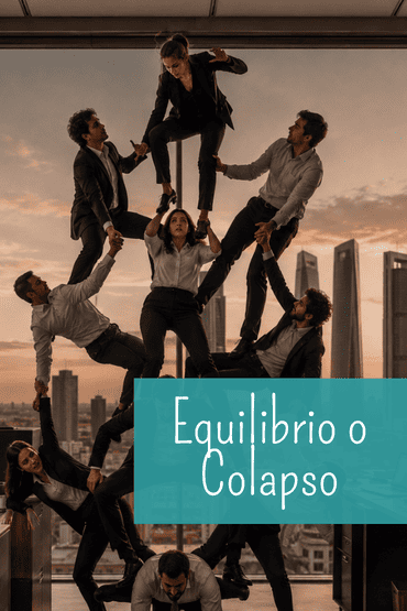 Diez profesionales haciendo equilibrio precario en una oficina de Madrid, representando el peligro de las estrategias de mercado destructivas.