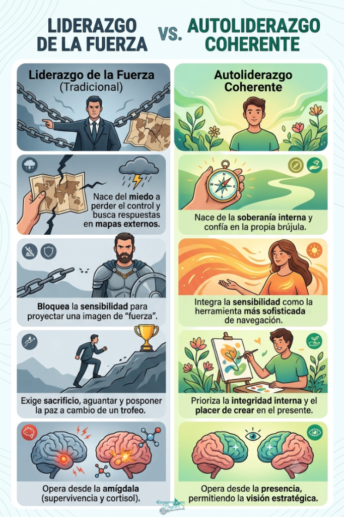 Infografía comparativa entre Liderazgo de la Fuerza (tradicional) y Autoliderazgo Coherente, mostrando diferencias en soberanía interna, gestión emocional, presencia y sistema nervioso.