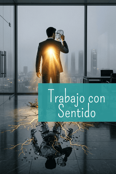 Líder de negocios quitándose una máscara reflectante frente a un ventanal con vistas a Madrid, con un reflejo de robot fragmentado en el suelo, representando la transición hacia un trabajo con sentido.