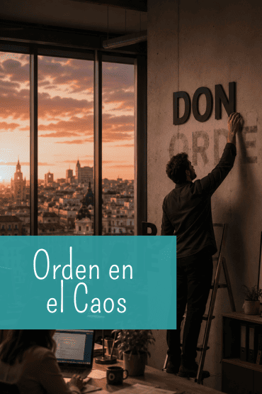 Profesional en una oficina de Madrid cambiando letras en la pared de 'ORDEN' a 'DON...' al atardecer, simbolizando el cambio de paradigma en el liderazgo empresarial.