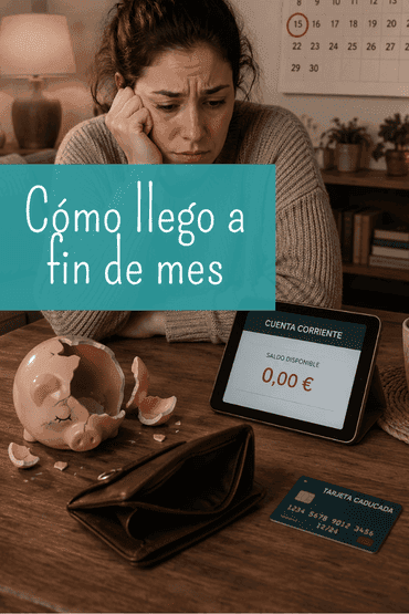 Mujer preocupada en su escritorio con hucha rota, cartera vacía y tablet mostrando saldo disponible 0,00 euros.