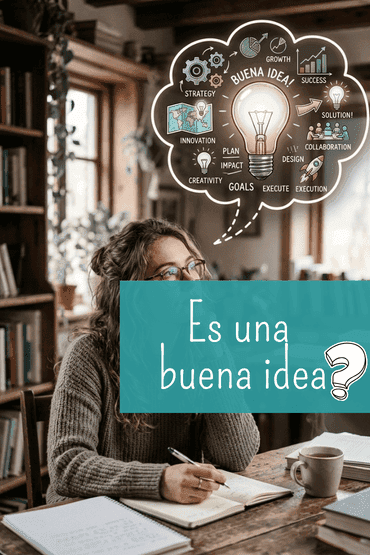 Persona sentada frente a un escritorio en postura reflexiva con un bocadillo de pensamiento que contiene una bombilla brillante y detalles ilustrados de una buena idea.
