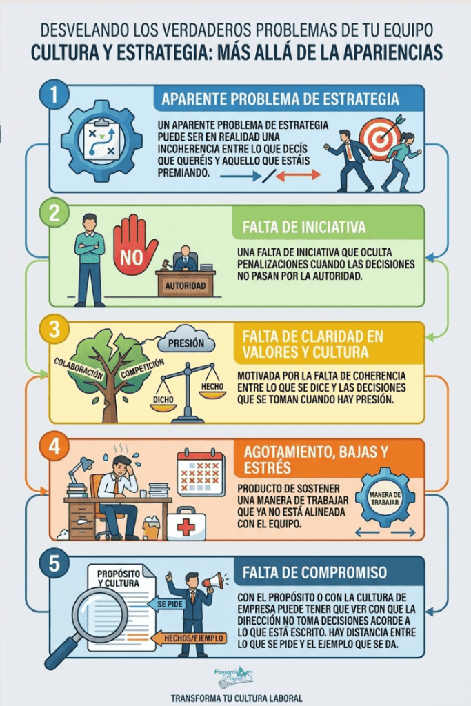 Infografía que explica la incoherencia entre cultura organizacional, liderazgo empresarial y toma de decisiones.