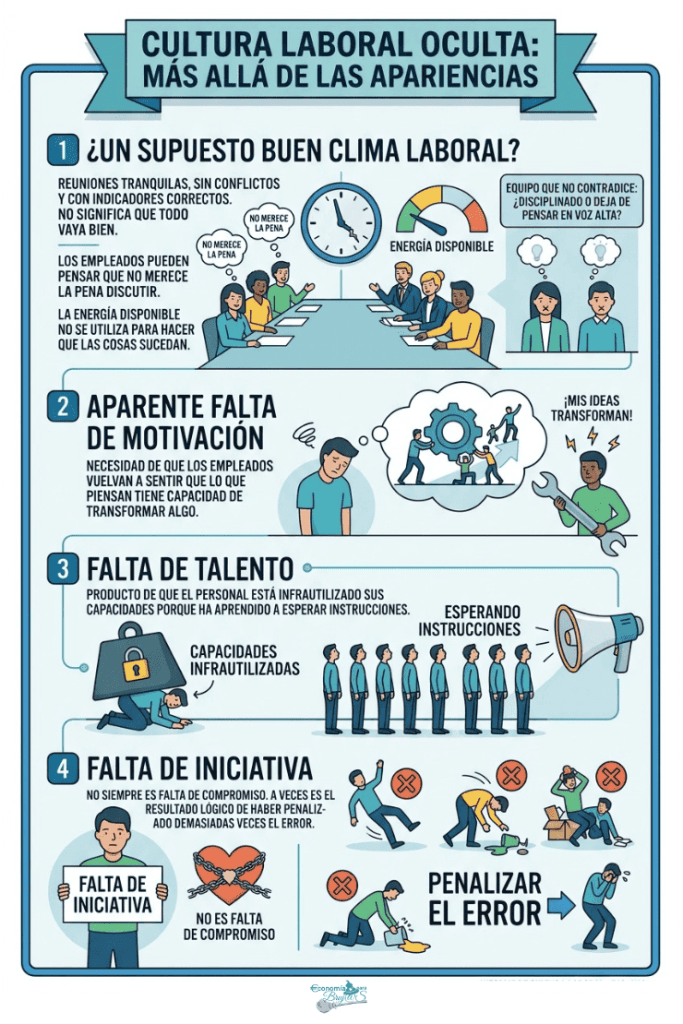 Infografía que explica la incoherencia entre cultura organizacional, liderazgo empresarial y toma de decisiones.