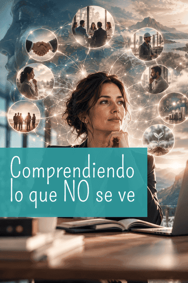 Líder contemplando una red de conexiones intangibles, emociones y relaciones en el entorno laboral.