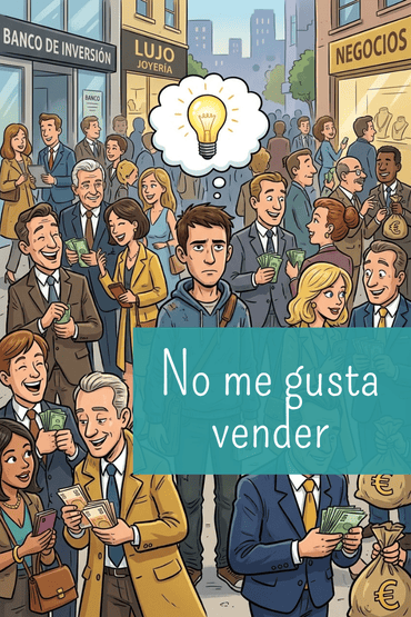Imagen tipo caricatura de una persona seria con una idea en un entorno de personas con dinero.