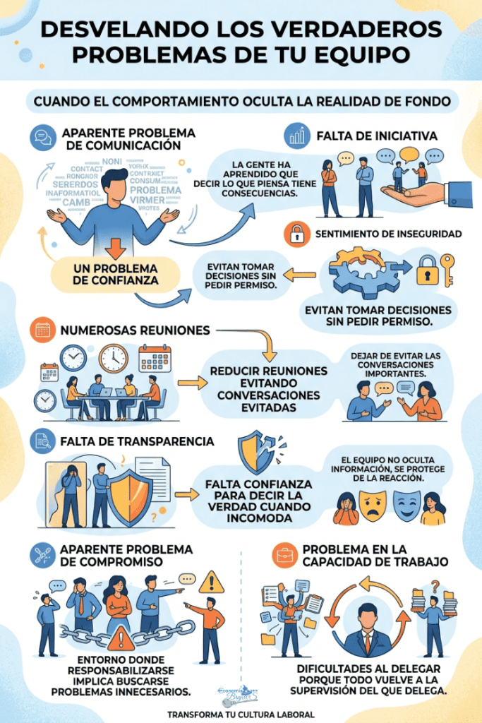 Infografía sobre problemas de confianza en equipos de trabajo, falta de iniciativa y reuniones innecesarias.
