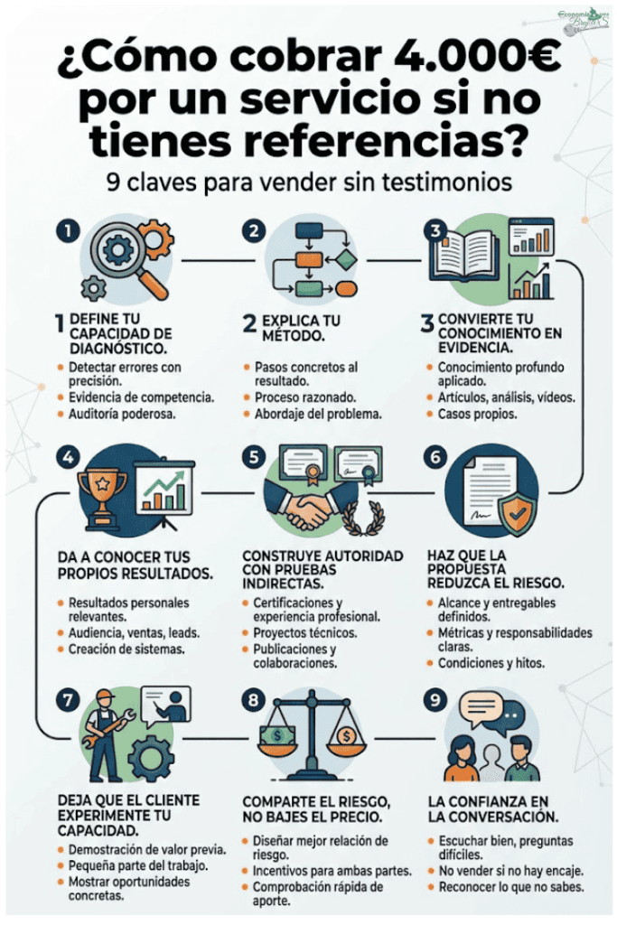 Infografía con 9 claves para vender un servicio de 4000 euros sin tener referencias previas o casos de éxito.Título de la ImagenInfografía: 9 claves para vender servicios de alto valor sin testimoniosLeyenda / CaptionGuía visual: Cómo estructurar tu propuesta para generar confianza y vender servicios de alto precio sin casos de éxito.Intención de BúsquedaInformativa / Visual: Usuarios que buscan esquemas, resúmenes visuales o plantillas de venta para servicios B2B o consultoría.
