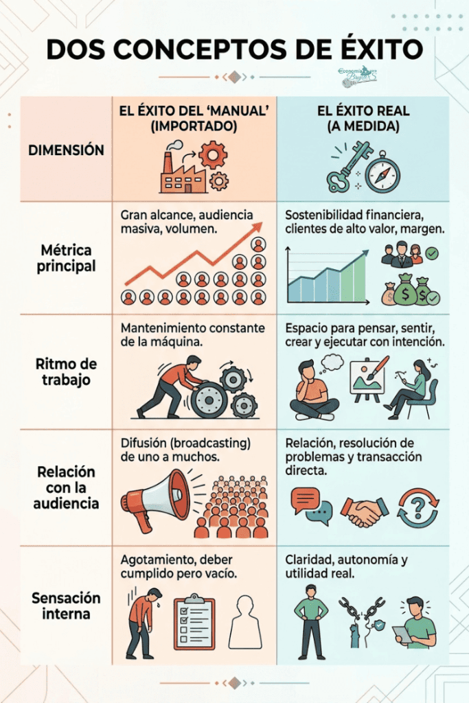 Comparativa entre el éxito del manual (audiencia masiva, agotamiento) y el éxito real a medida (margen, autonomía, claridad)