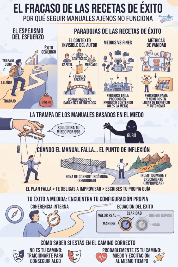 Infografía que resume el fracaso de las recetas de éxito: el espejismo del esfuerzo, las paradojas de los manuales ajenos (contexto invisible, medios vs fines, métricas de vanidad), la trampa del miedo, el punto de inflexión cuando el manual falla, y cómo encontrar tu propia configuración del éxito.