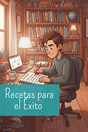 Recetas para el Éxito: ilustración de un emprendedor escribiendo en un cuaderno junto a un portátil con gráficos y una taza con la palabra ÉXITO.
